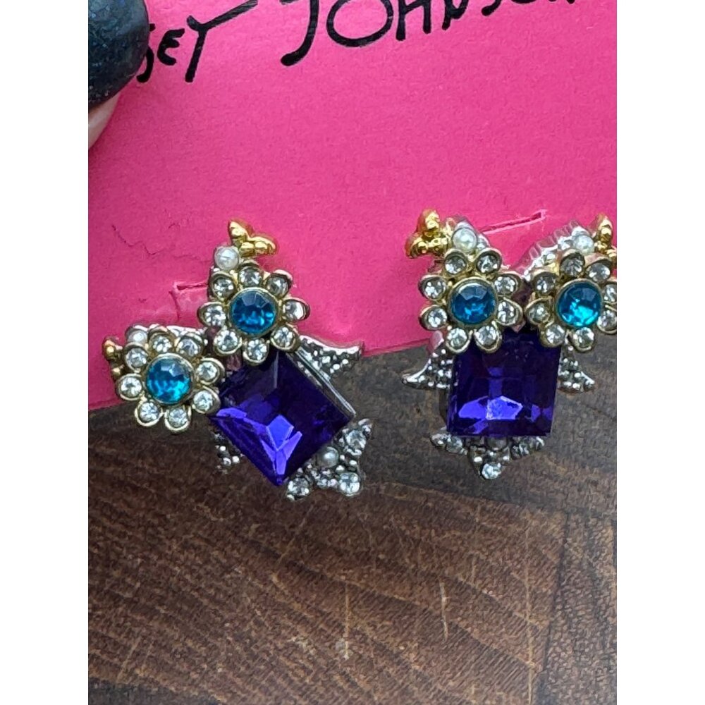 Betsey Johnson Owl Purple And Blue Rhinestone Floral Stud Earrings New